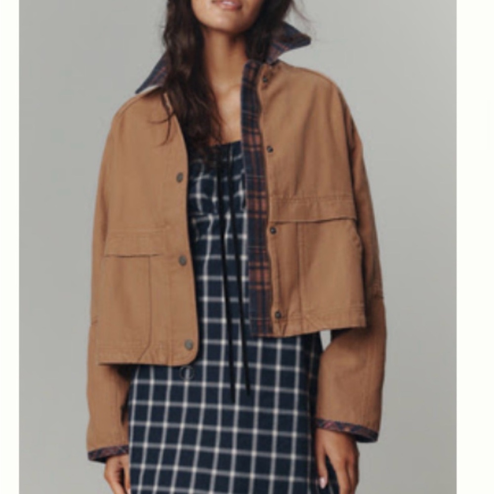 Pilcro Cropped Utility Jacket in Tan with Navy Plaid Lining